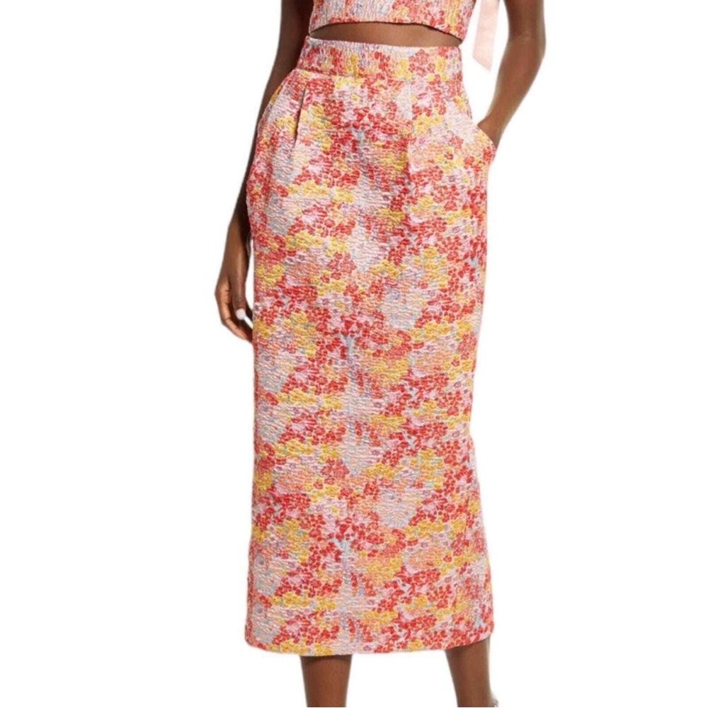 Lulu's Pink and Orange With Blue Metallic Threading Pleated Maxi Skirt